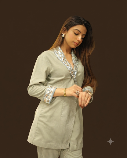 Pastel Green Co-Ord Set with Sequin Embellished Neckline