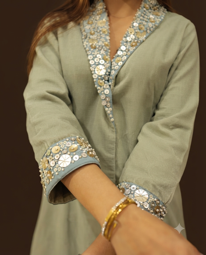 Pastel Green Co-Ord Set with Sequin Embellished Neckline