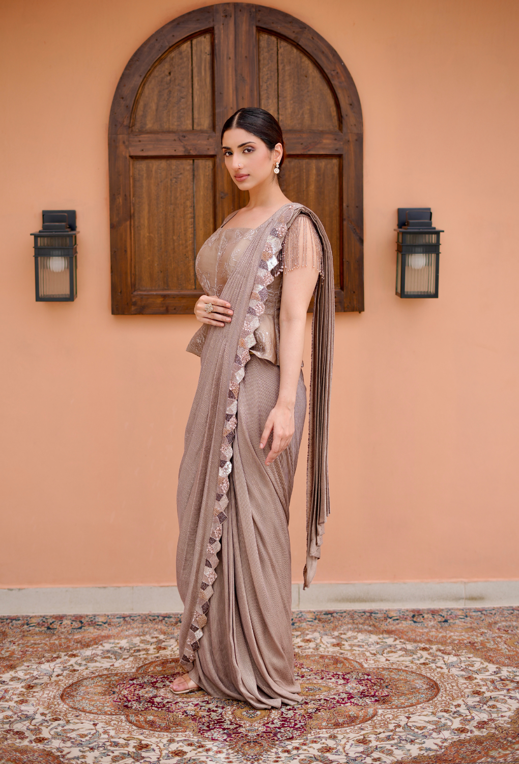 Mouse Drape Saree With peplum blouse and stripe saree