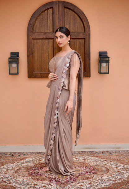 Mouse Drape Saree With peplum blouse and stripe saree