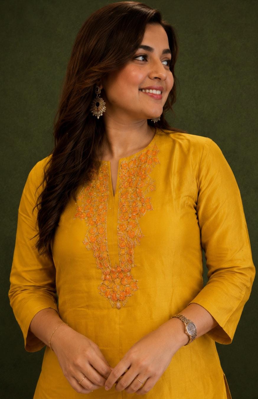 Mustard-yellow short straight kurta with farshi salwar
