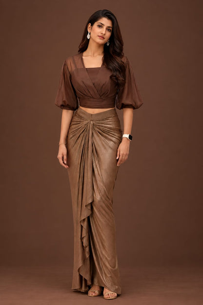 Chocolate Brown sheer organza Balloon sleeves shirt with lycra drape skirt