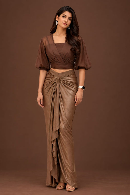 Chocolate Brown sheer organza Balloon sleeves shirt with lycra drape skirt