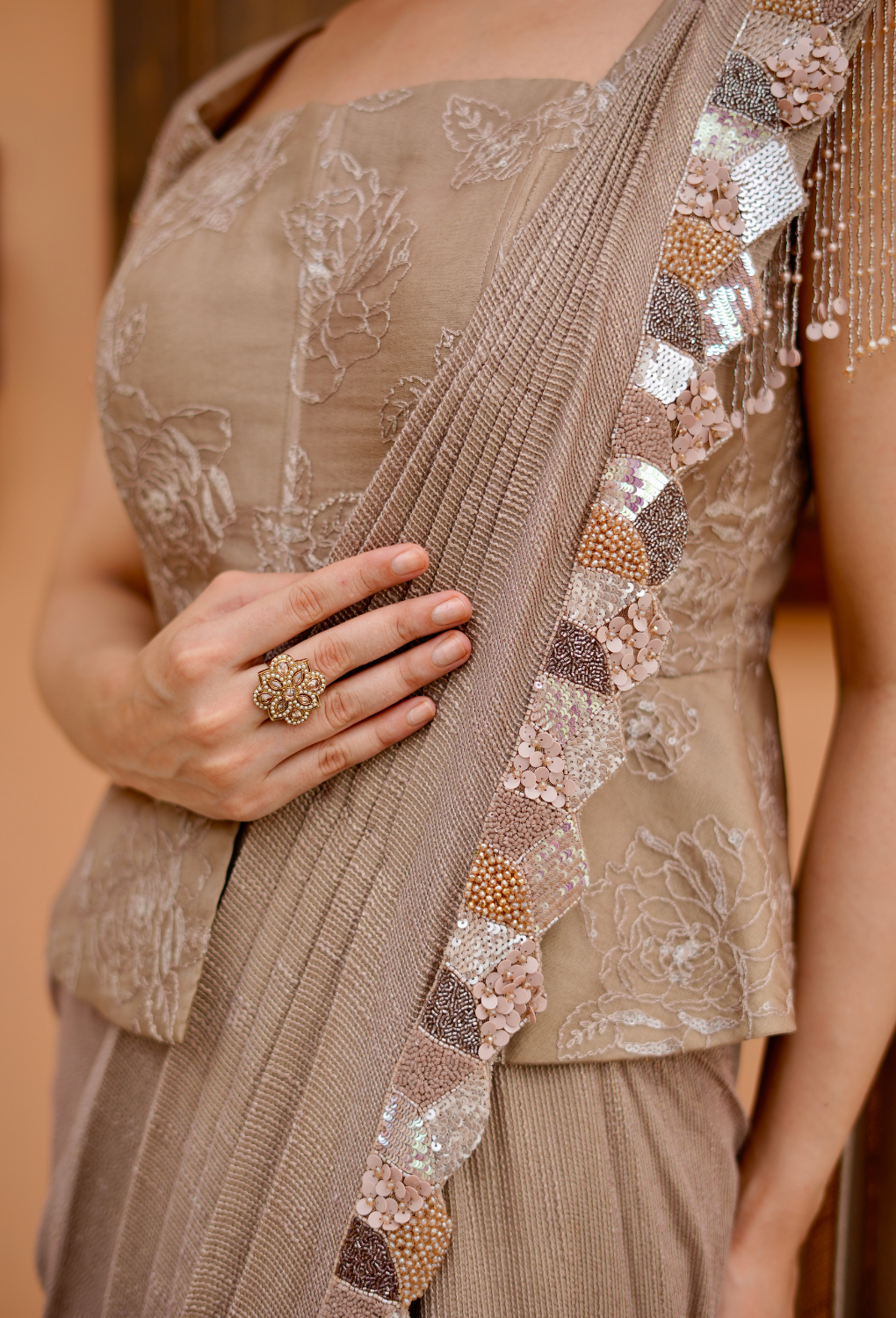 Mouse Drape Saree With peplum blouse and stripe saree