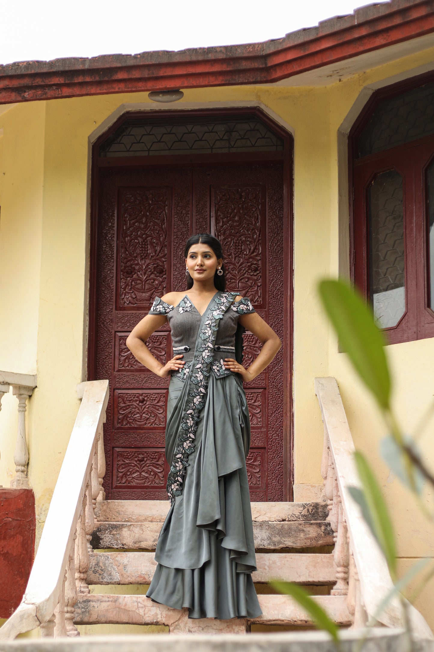 Belgium Green Draped Saree With Heavy Embroidered Pallu And Corset Blouse