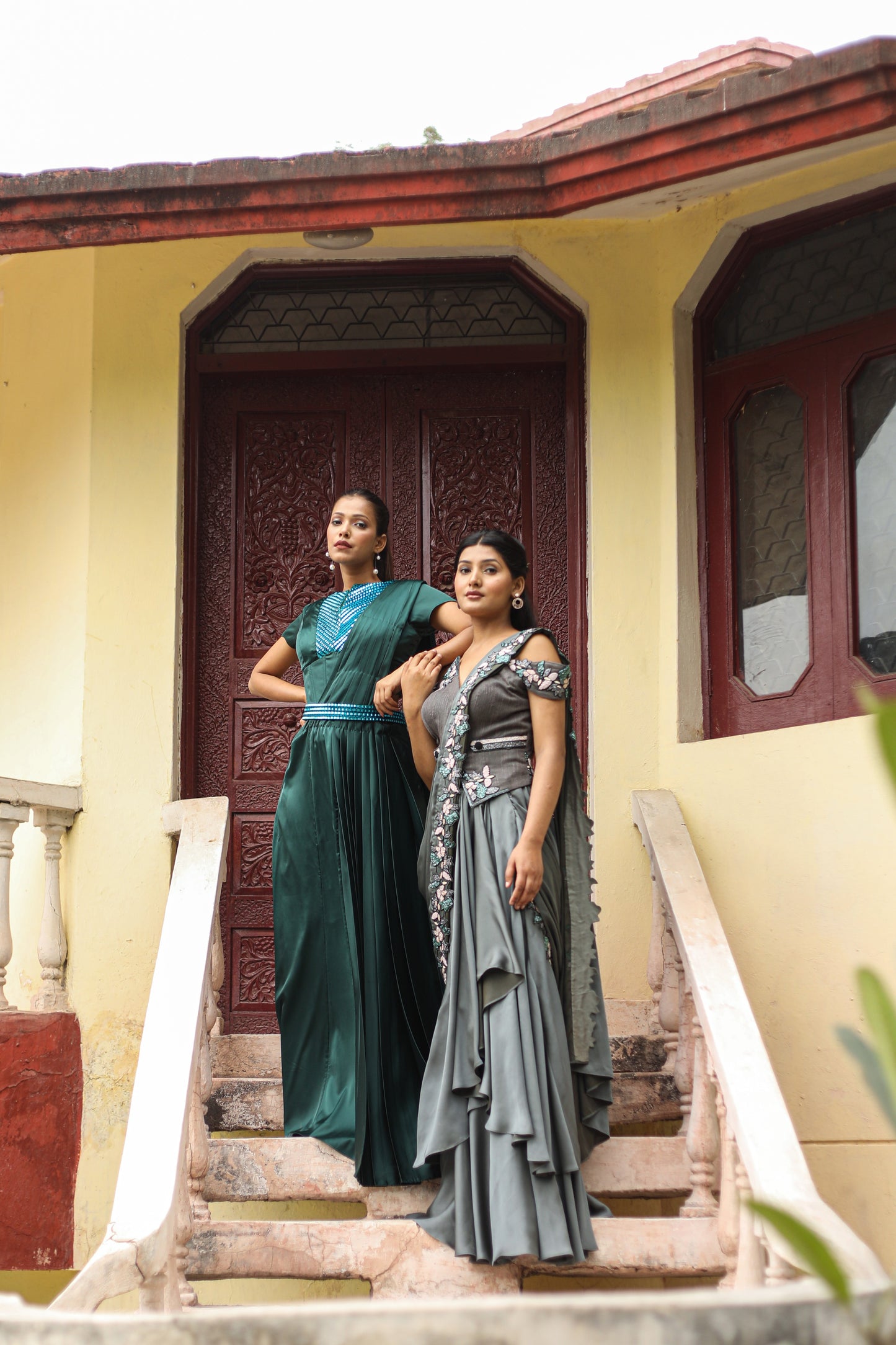 Belgium Green Draped Saree With Heavy Embroidered Pallu And Corset Blouse