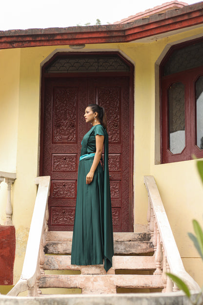 Belgium Green Draped Saree With Heavy Embroidered Pallu And Corset Blouse