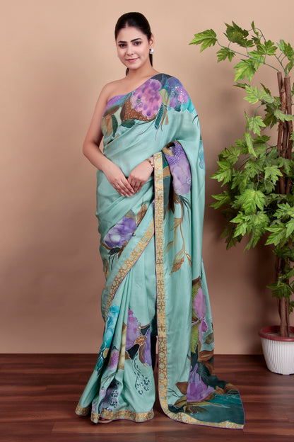 Luxury Sea Green Tulle Saree with Floral Painting and Sparkling Sequin Accents