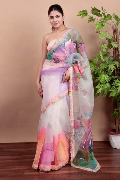 Pastel Organza Saree with Hand-Printed Floral Design And Lace Borders