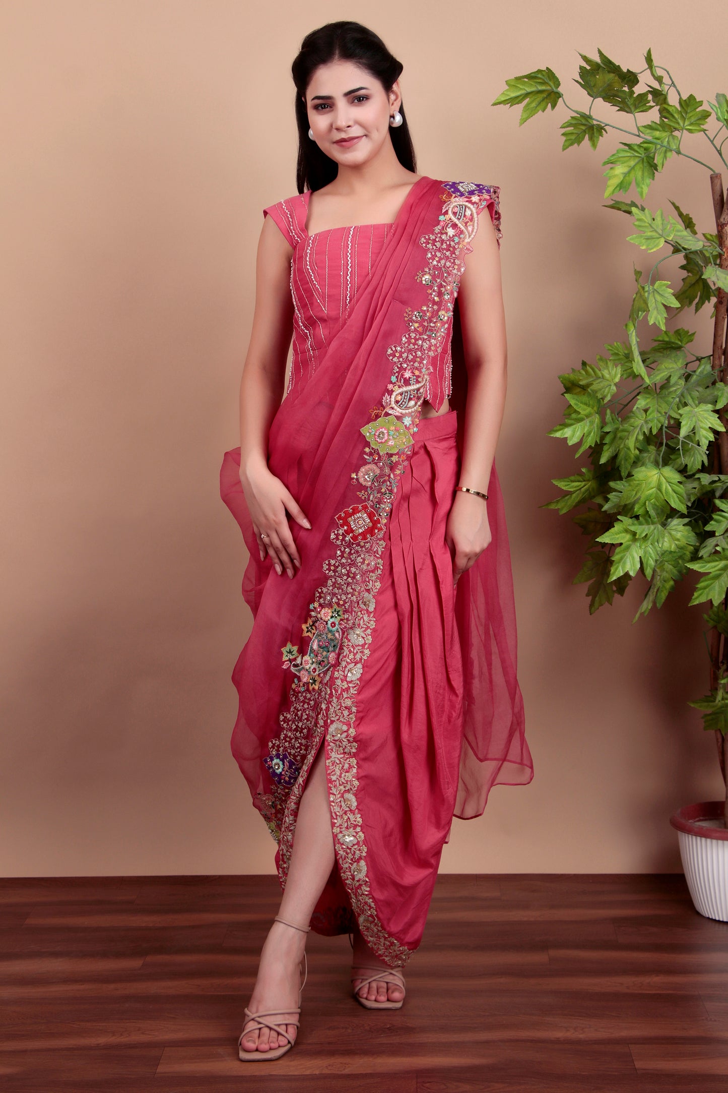 Pink Indo-Western Embroidered Blouse Set with Zari Dhoti Skirt and Organza Dupatta