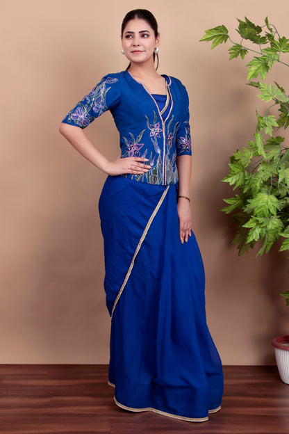 Festive Royal Blue Ensemble with Artistic Floral Jacket and Sequin Work