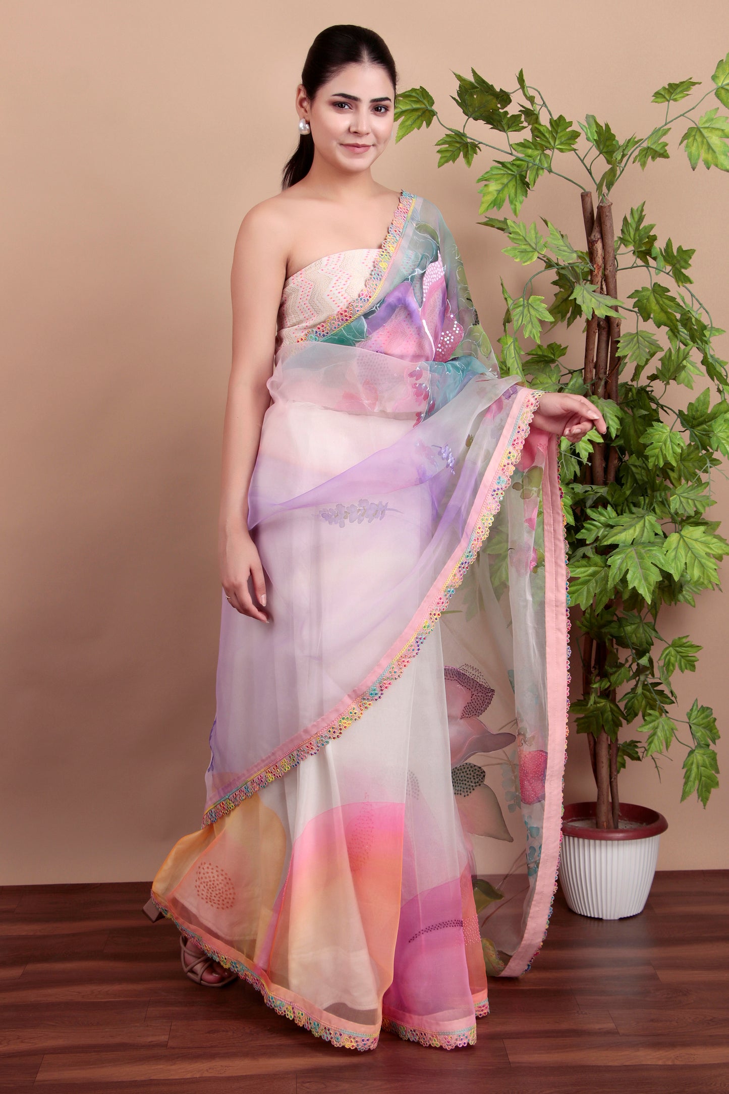 Pastel Organza Saree with Hand-Printed Floral Design And Lace Borders