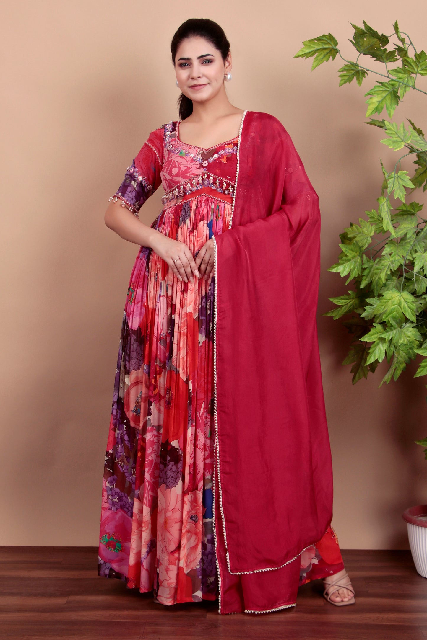 Floral Anarkali Suit With Sweetheart Neckline And Embellished Yoke
