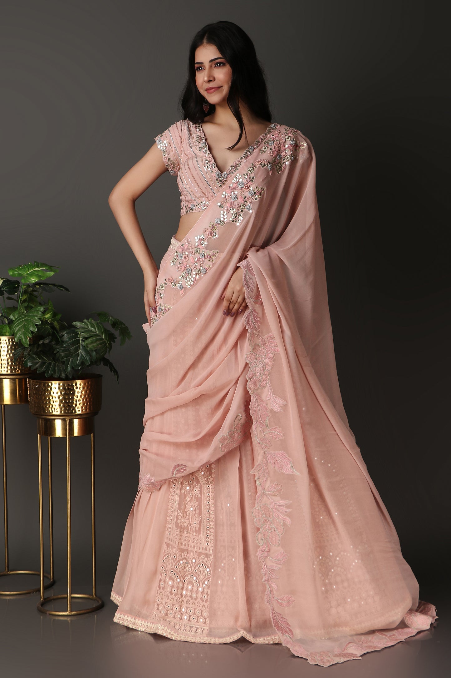 Pink Lucknowi Lehenga Saree In Georgette With Gotta Cutdana Sequins And Pearl Work