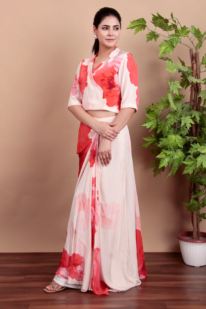 Contemporary Pink Floral Drape Skirt Set With Collared Blouse