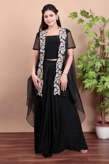 Black Indo-Western Draped Set with Tube Top, Dhoti Skirt and Ivory Floral Embroidered Cape