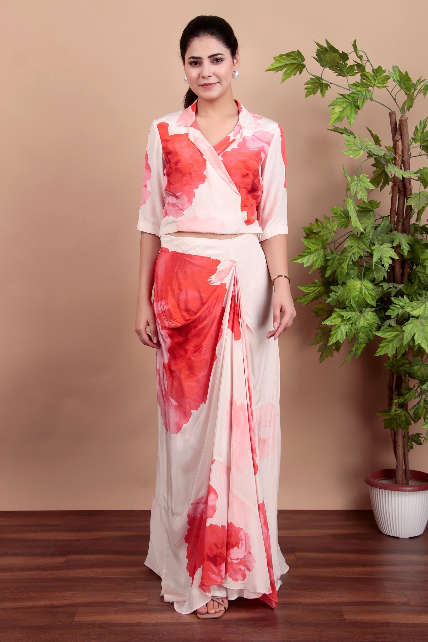 Contemporary Pink Floral Drape Skirt Set With Collared Blouse