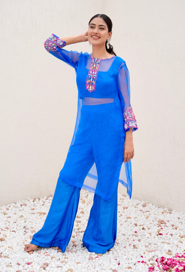 Royal Blue 3 Pc Set With Organza Kurta