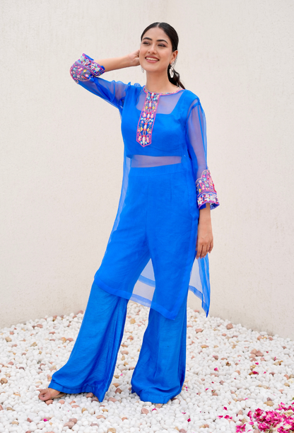 Royal Blue 3 Pc Set With Organza Kurta