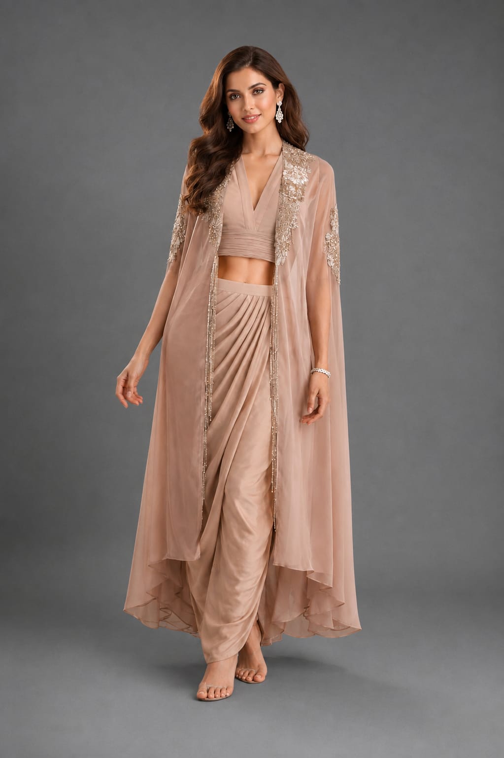 Beige 3 pc indowestern cape on long hangings with cowl drape skirt and bustier