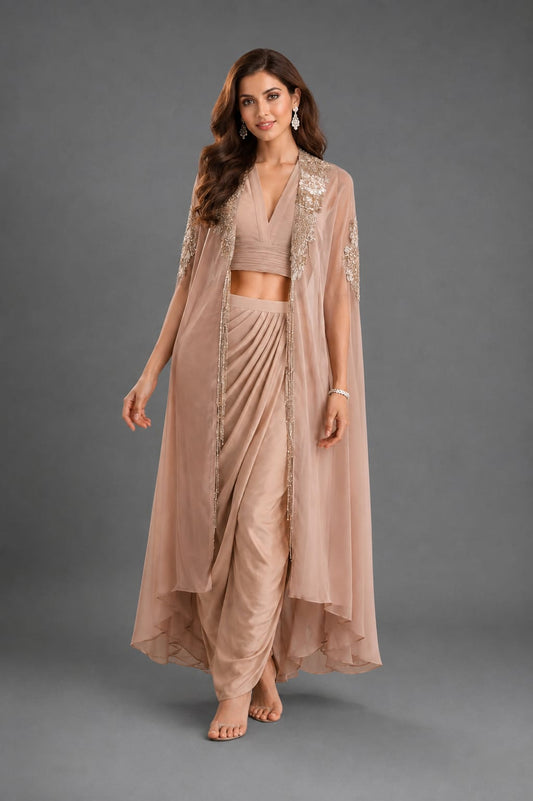 Beige 3 pc indowestern cape on long hangings with cowl drape skirt and bustier