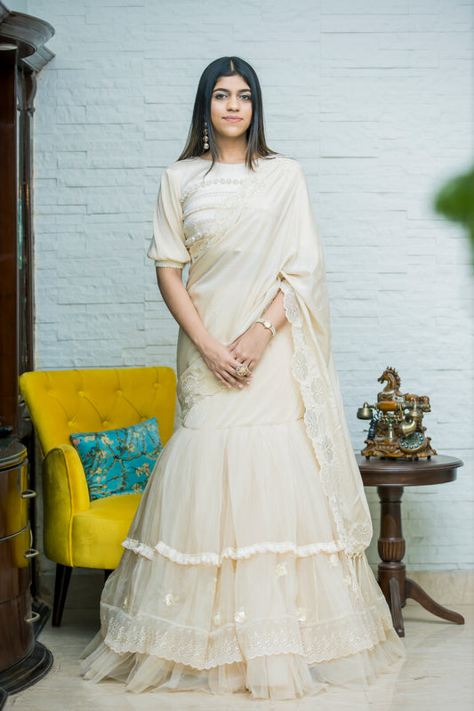 Luxury Cream Silk Lehenga Saree With Chandelier Pearl And Sequin Detailing