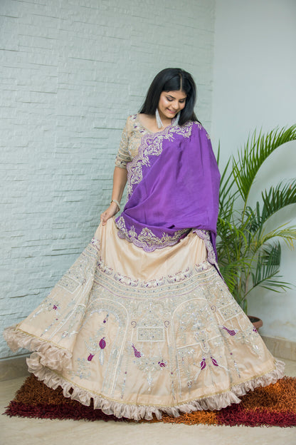 Beige Lehenga with Heavy Embroidered Blouse and Purple Dupatta