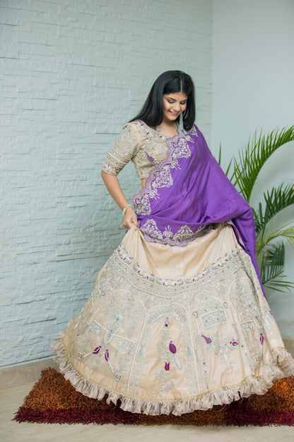 Beige Lehenga with Heavy Embroidered Blouse and Purple Dupatta