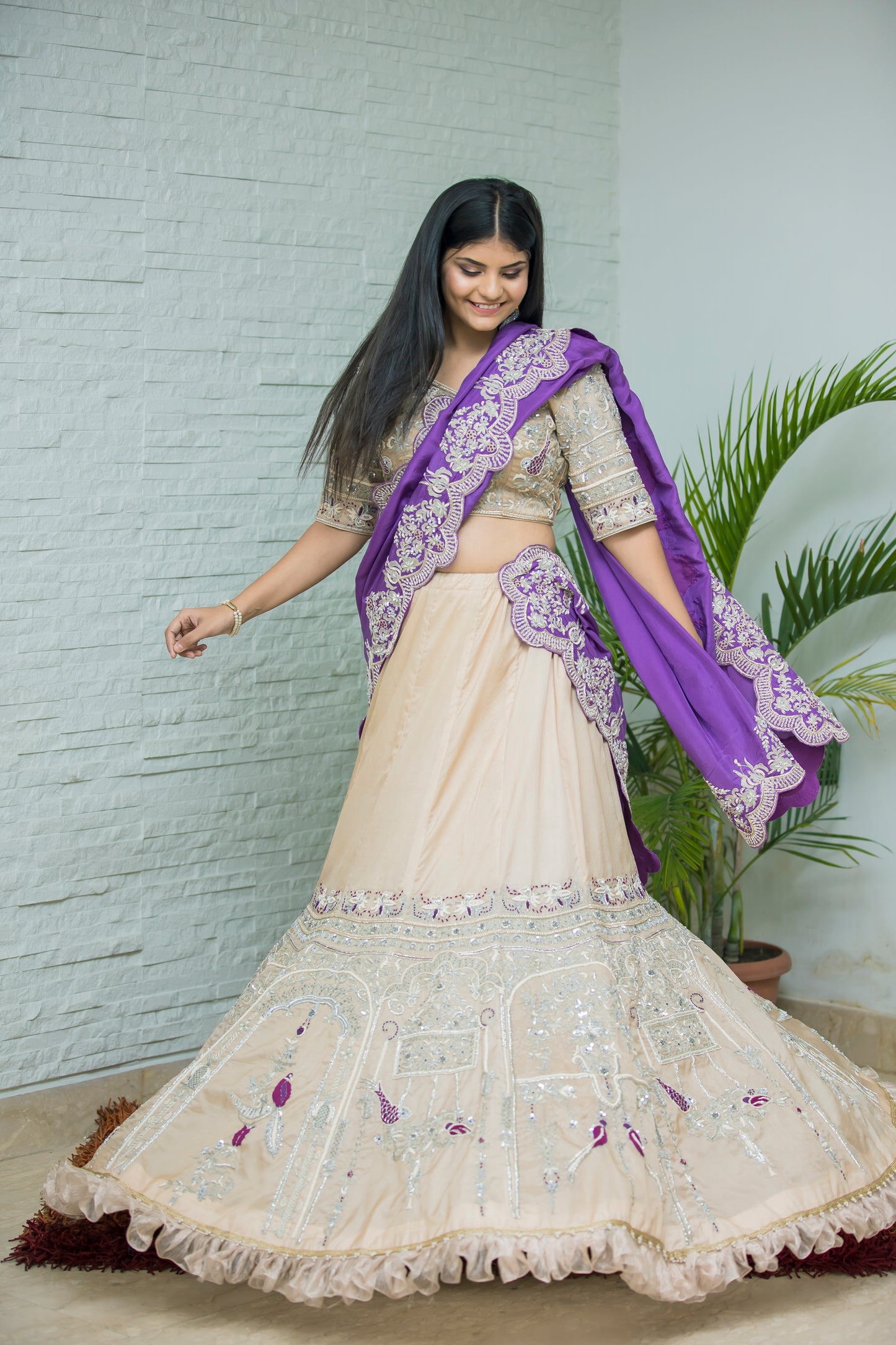 Beige Lehenga with Heavy Embroidered Blouse and Purple Dupatta