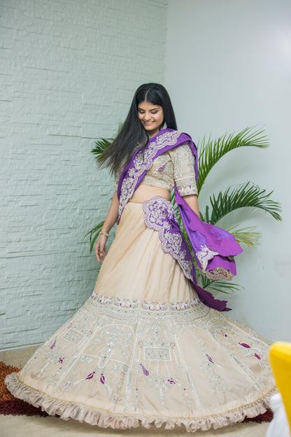 Beige Lehenga with Heavy Embroidered Blouse and Purple Dupatta
