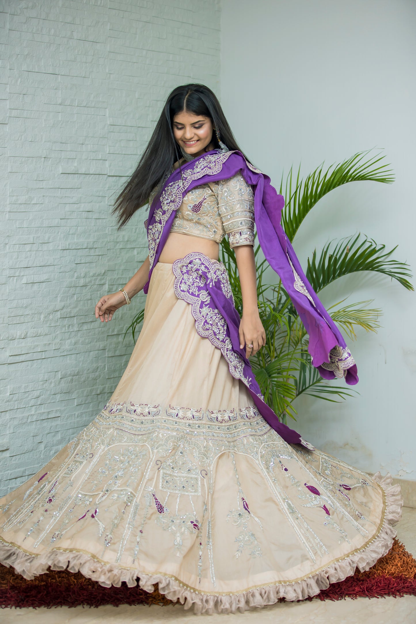 Beige Lehenga with Heavy Embroidered Blouse and Purple Dupatta