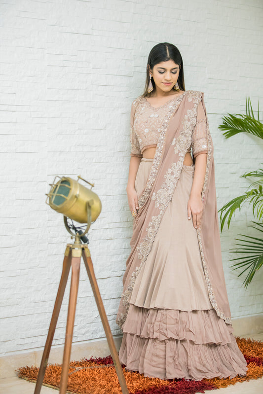 Elegant Coffee Brown Lehenga Saree With Cutdana And Bead Detailing