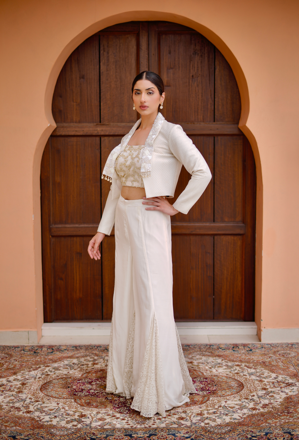 Off White 3 pc Set & Imported jacket  with heavy collar work