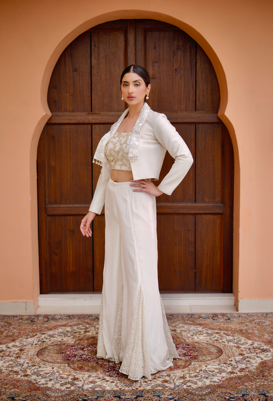 Off White 3 pc Set & Imported jacket  with heavy collar work