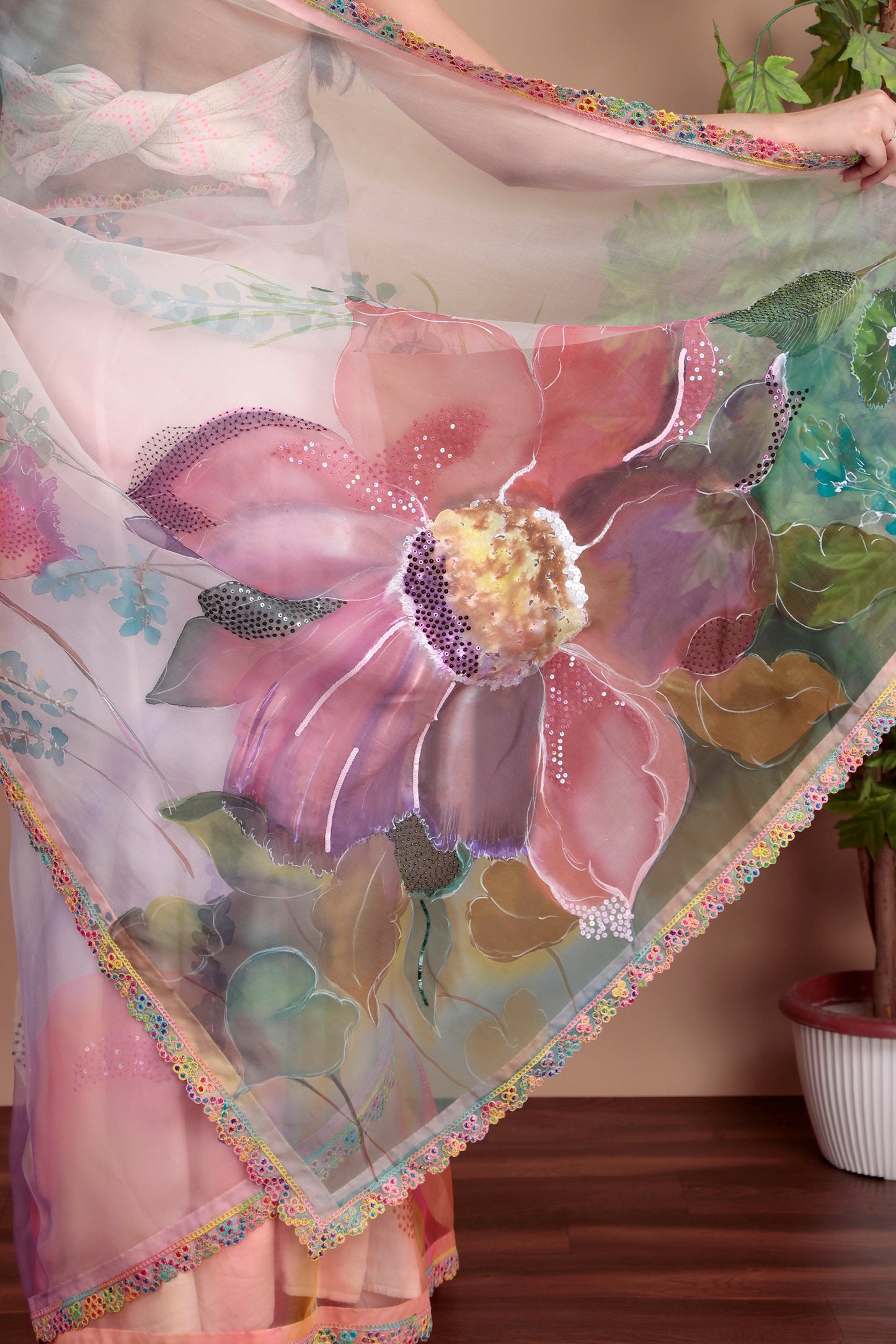 Pastel Organza Saree with Hand-Printed Floral Design And Lace Borders