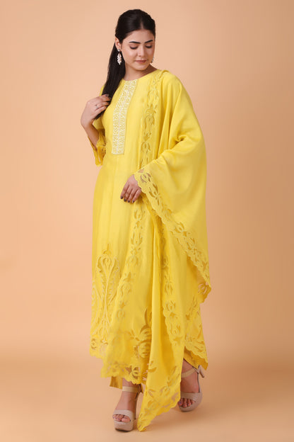 Yellow Cutwork Straight Suit Set With Embroidered Dupatta And High Low Pants
