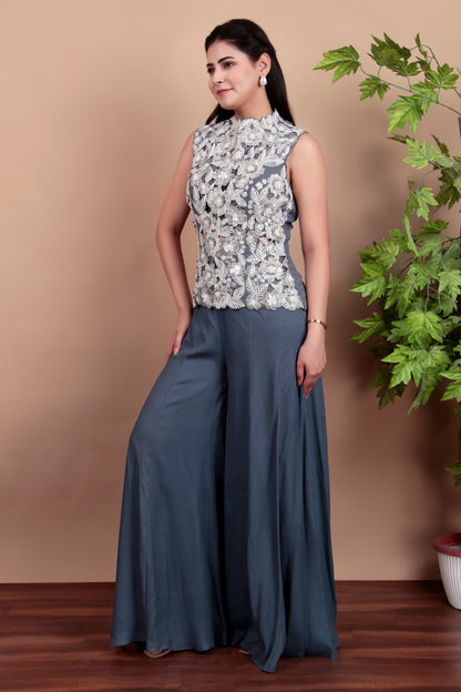 Modern Grey Indo-Western Palazzo Set with Hand-Embroidered Floral Top