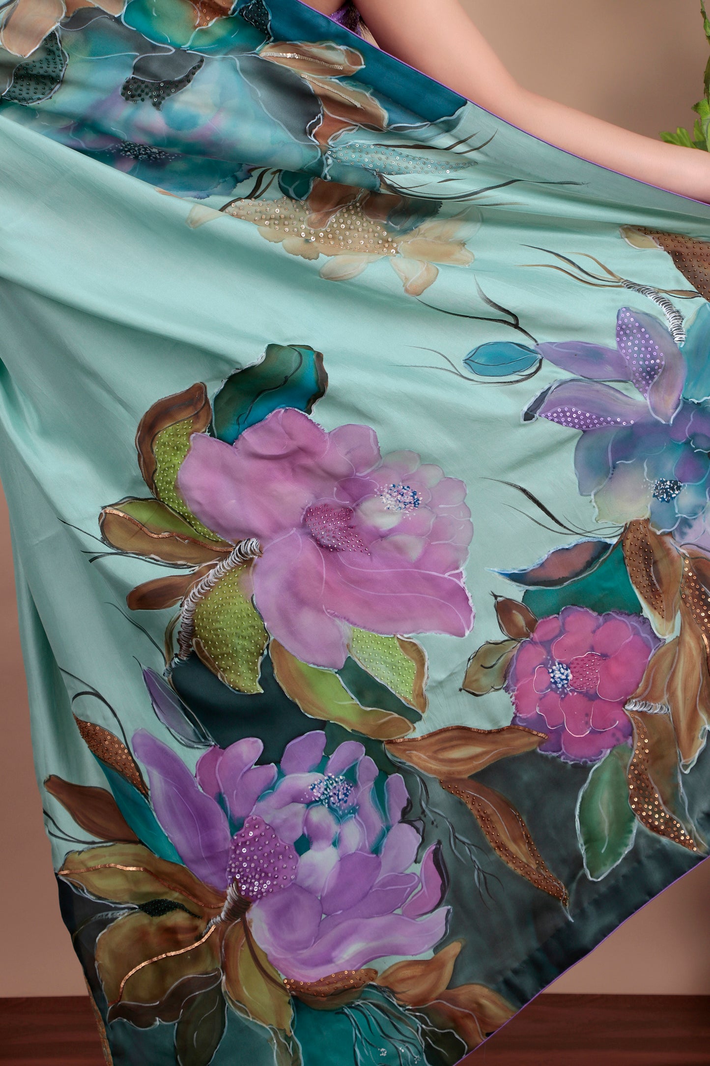 Luxury Sea Green Tulle Saree with Floral Painting and Sparkling Sequin Accents