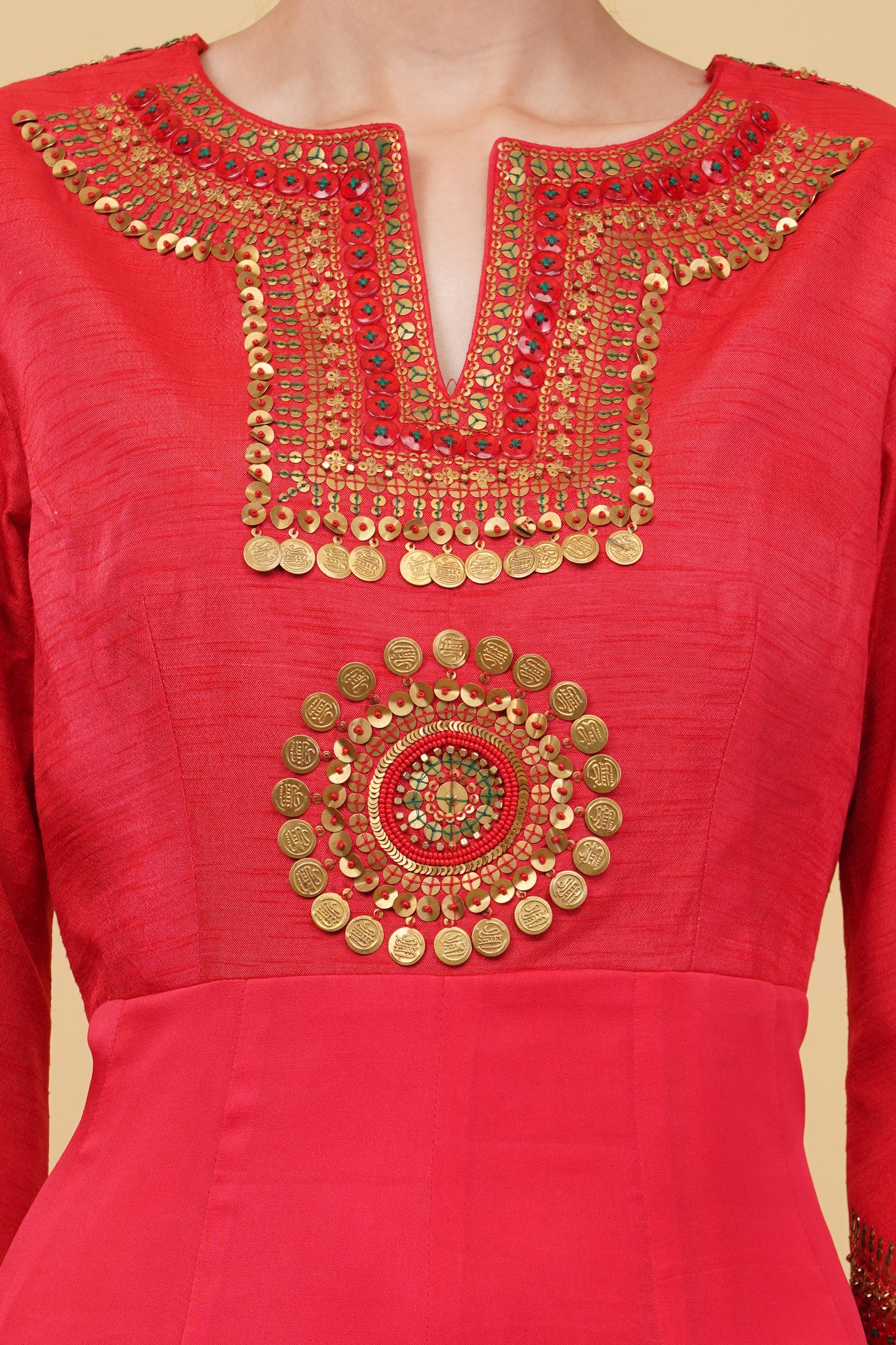 Elegant Red Floor-Length Anarkali with Detailed Neck Embroidery and Decorative Bell Sleeves
