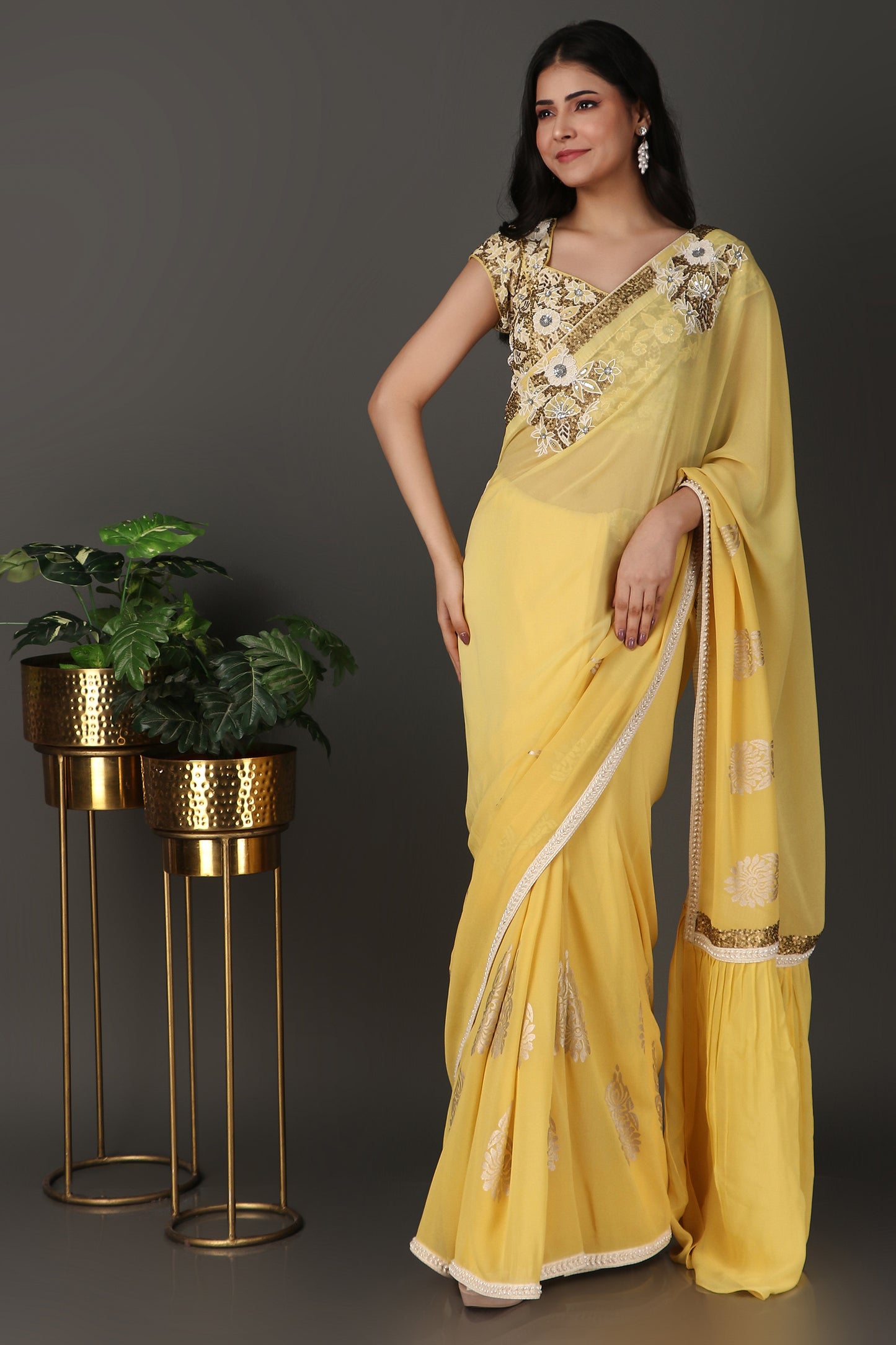 Soft Yellow Floral Embroidered Saree with Elegant Border and Sheer Finish