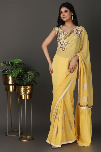 Soft Yellow Floral Embroidered Saree with Elegant Border and Sheer Finish