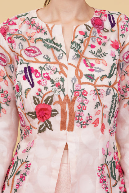 Pink Self Chanderi Kurti Set with Multicolor Thread Work and Sequin Cutdana Jacket