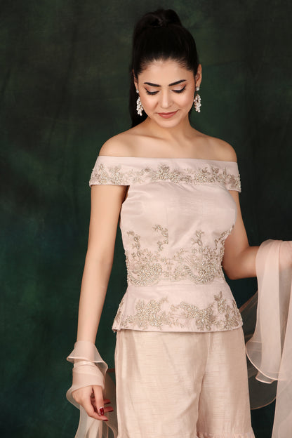 Designer Onion Pink Off-Shoulder Handcrafted Peplum Set with Organza Palazzo and Dupatta