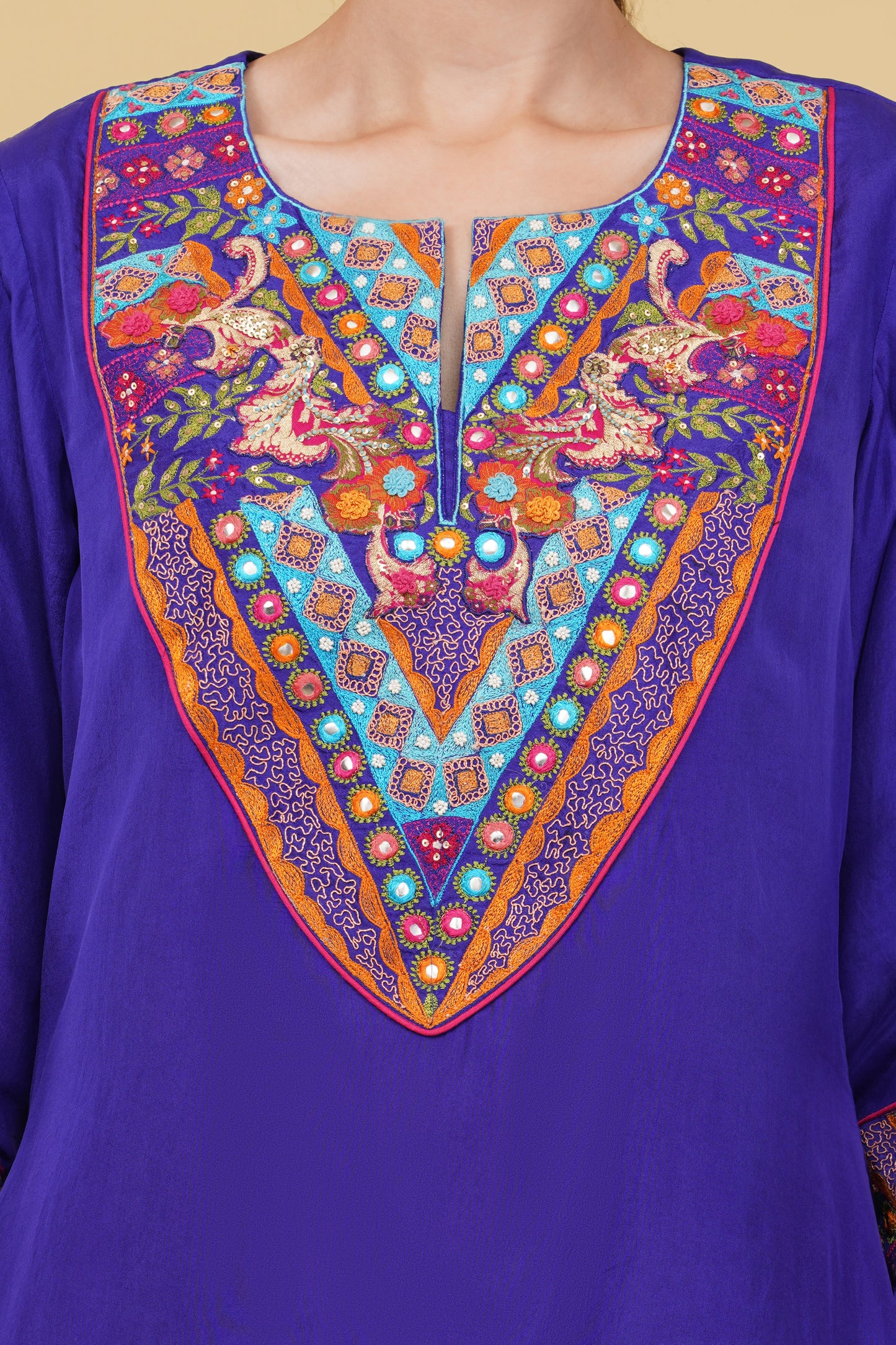 Blue Silk Straight Suit with Colorful Thread Sequin And Mirror Embellishment