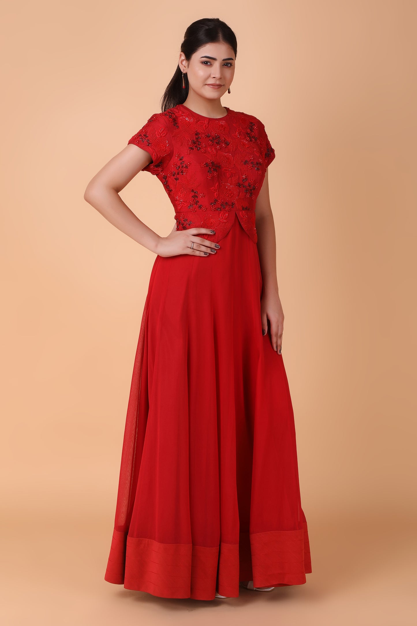 Red Dupion Silk Anarkali With Georgette Base And Pearl Dori And Sequin Embellishments