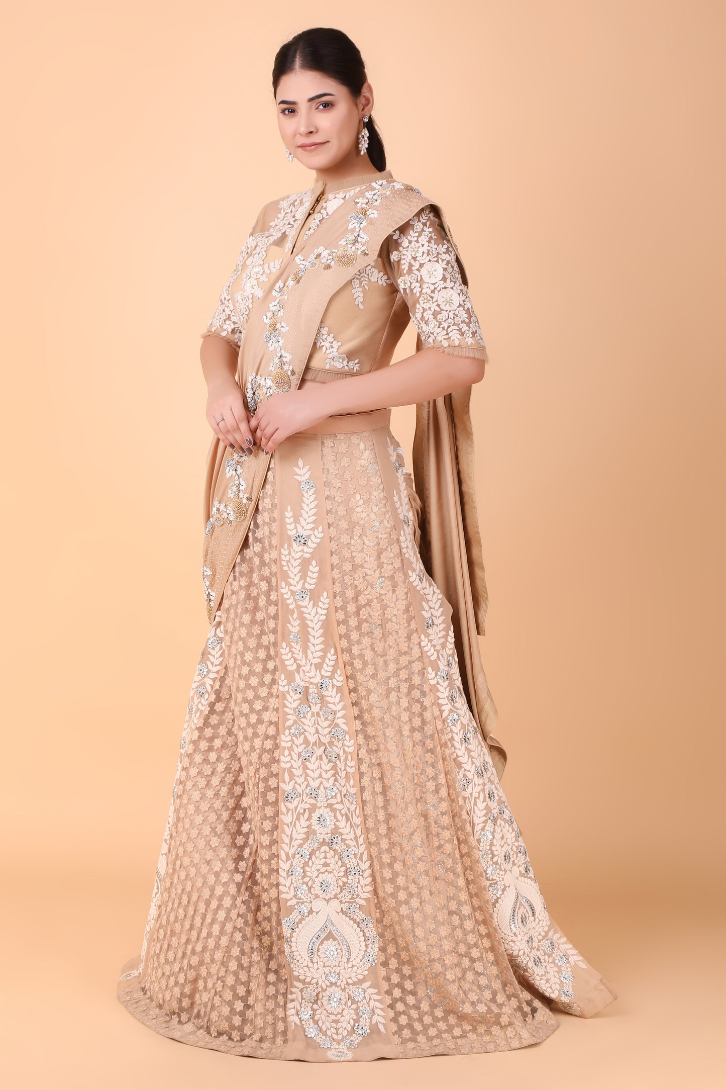 Designer Beige Lehenga Saree With Sequins Pearl And Thread Embroidery And Net Blouse
