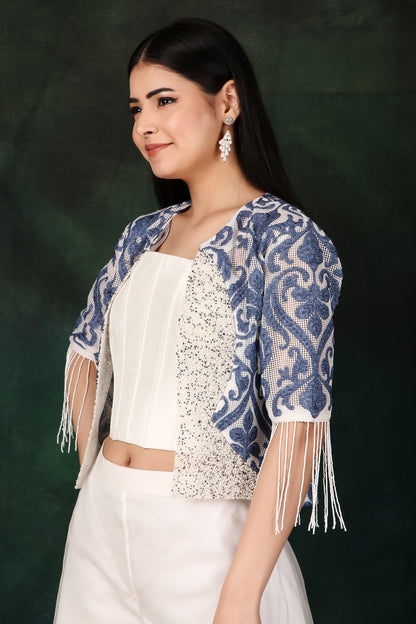 3 Piece Indo Western Set with Dupion Corset Organza Palazzo And Pearl Sequin Jacket