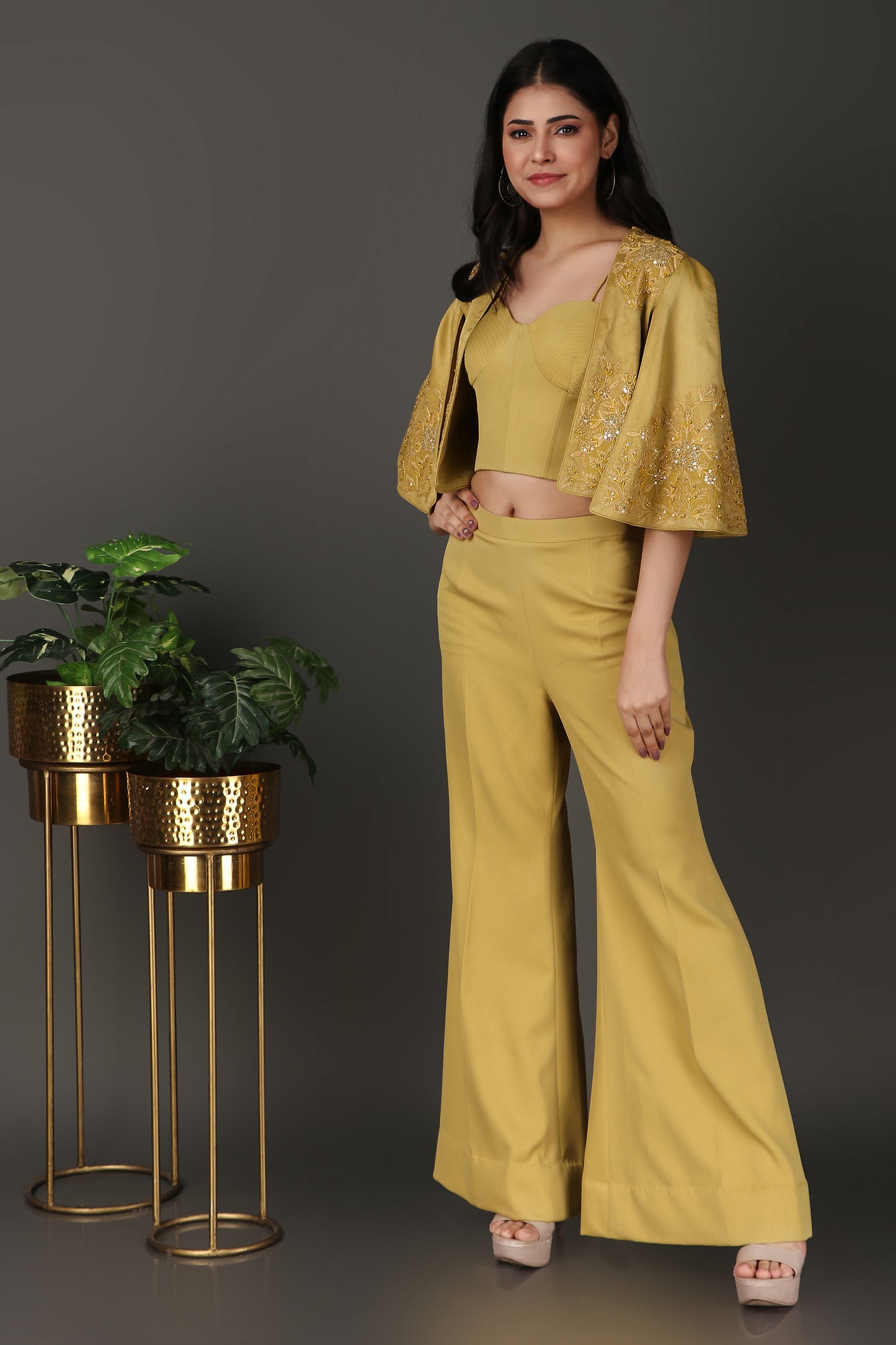 Yellowish Green Embellished Jacket Co-Ord Set with Plazzo and Bust Wear