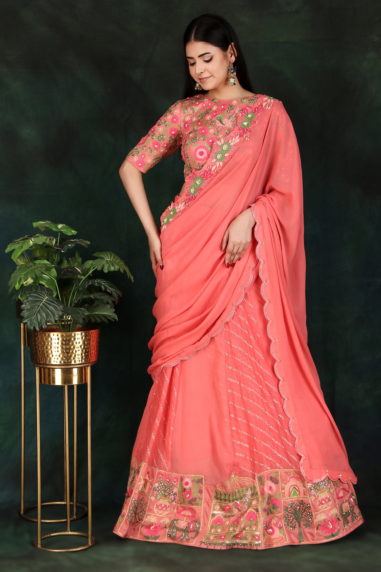 Dark Peach Lehenga Saree with Draped Pallu & Elephant Motif Border Blouse Set