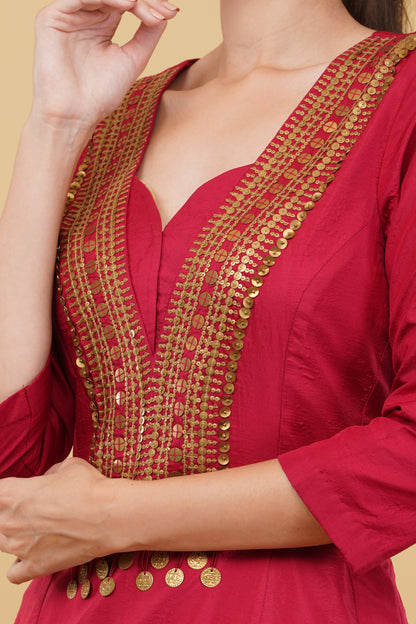 Red Silk A-Line Kurta Set with Heavy Metal Handworked Neckline